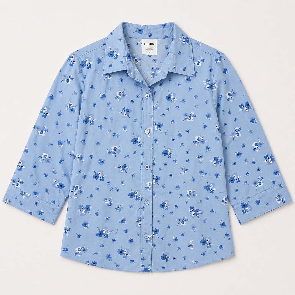 Blair Sky Blue Floral Shirt 3/4 Sleeve M Periwinkle Coquette Pastel Romantic M